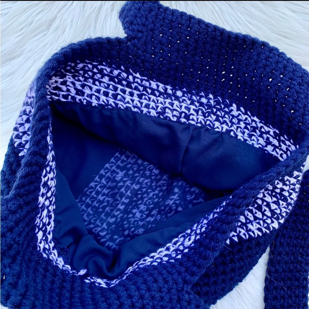 Crochet Blue & White Stripe Boho Tote Shoulder Bag